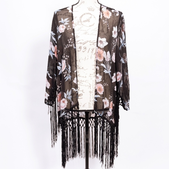 Torrid Black Floral Fringe Boho Duster Kimono - Picture 5 of 8
